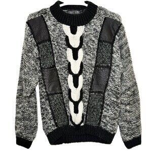 Vintage Street Scenes Men’s M Sweater Genuine Leather 3D Knit Black Gray 80s 90